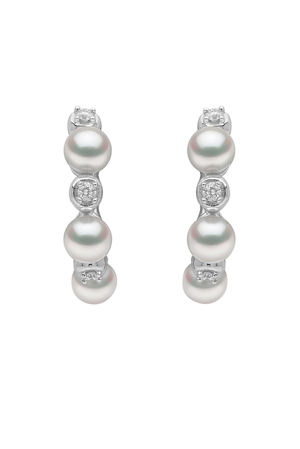 Eclipse Huggie Earrings, 18k White Gold, Diamond & Pearl